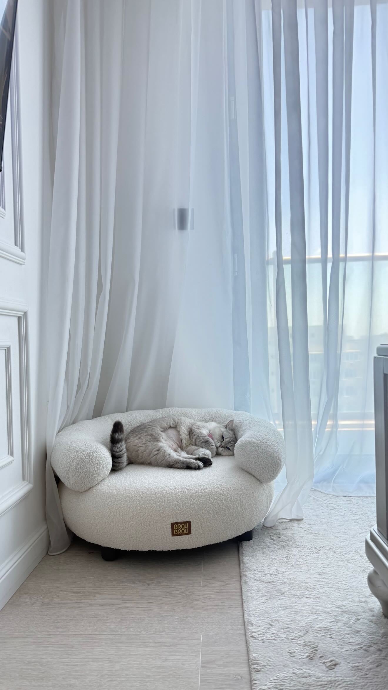 Beiges, geschwungenes Sofa - Bouclé BRAUBRAU für Haustiere (Hunde und Katzen)