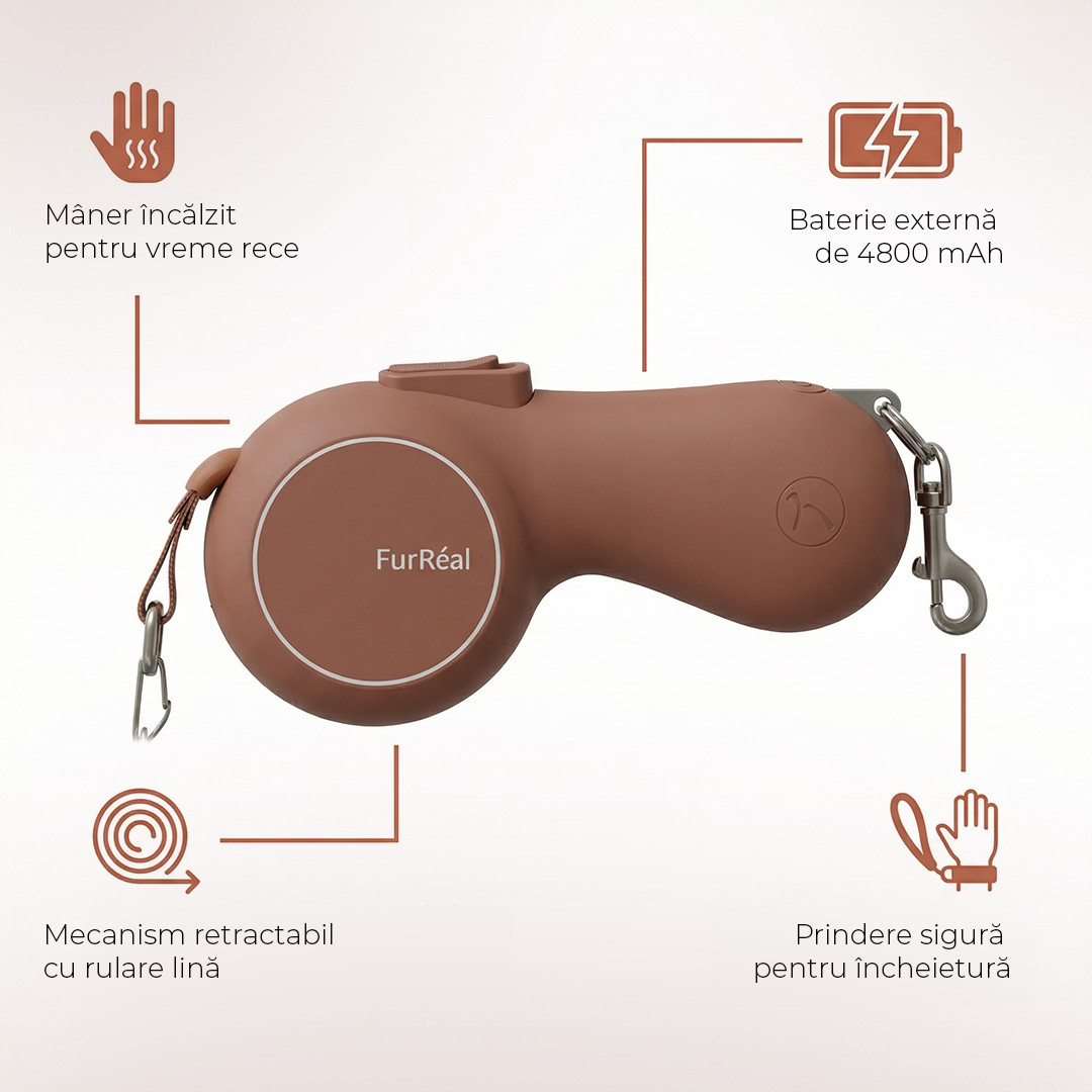 Smarte Rollleine mit beheiztem Griff und 4800-mAh-Powerbank für Hunde und Katzen - FurReal X BRAUBRAU